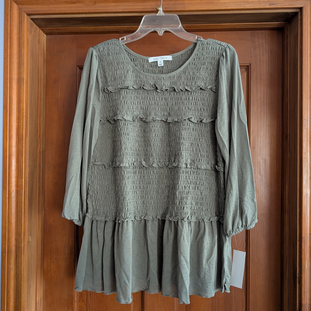 Green Smocked Long Sleeve Blouse